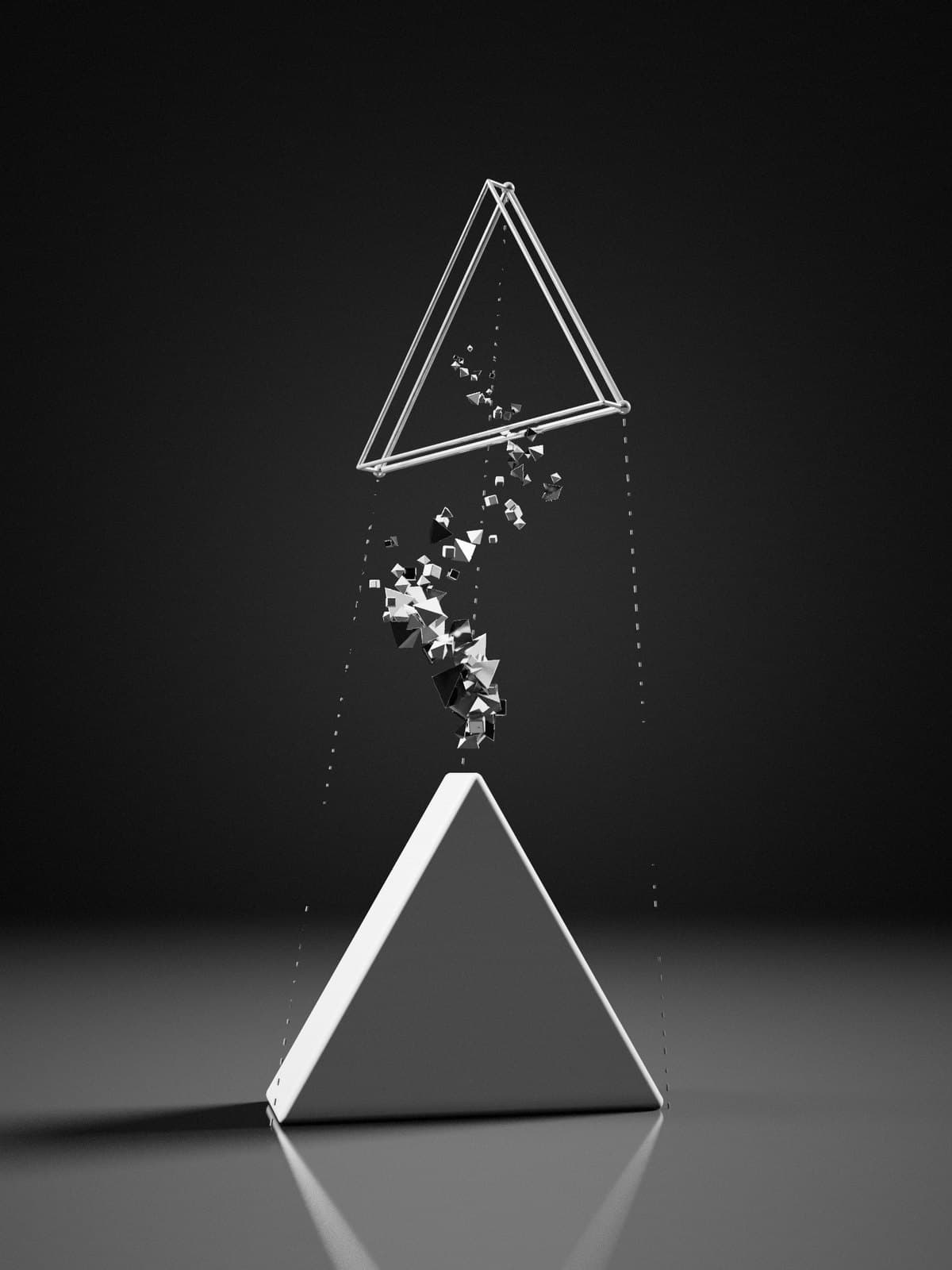 A wireframe triangle breaks into shards that fall and assemble into a solid white triangle on a studio floor: an idea becoming a real object.